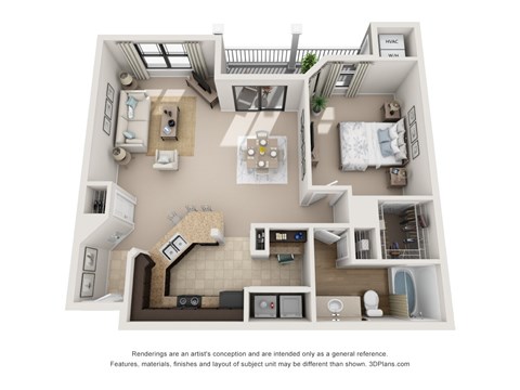 Floor plan for 1 bed, 1 bath, 953 sqft
